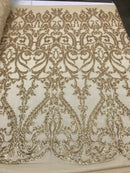 Matte Gold Sequins Lace Fabric, DAMASK Design Embroidered on a Mesh 4 way Stretch Sequin By The Yard -Prom-Gown ( Choose The Size )