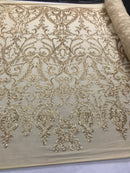Matte Gold Sequins Lace Fabric, DAMASK Design Embroidered on a Mesh 4 way Stretch Sequin By The Yard -Prom-Gown ( Choose The Size )