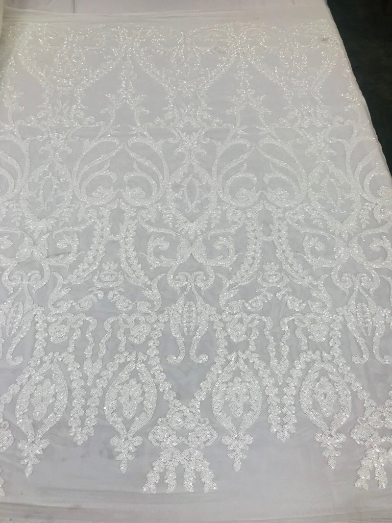 White Sequins Lace Fabric, DAMASK Design Embroidered on a Mesh 4 way Stretch Sequin By The Yard -Prom-Gown ( Choose The Size )