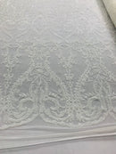 White Sequins Lace Fabric, DAMASK Design Embroidered on a Mesh 4 way Stretch Sequin By The Yard -Prom-Gown ( Choose The Size )