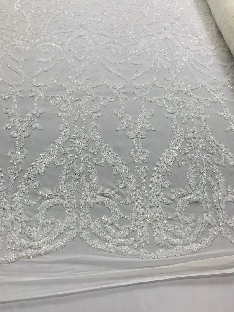 White Sequins Lace Fabric, DAMASK Design Embroidered on a Mesh 4 way Stretch Sequin By The Yard -Prom-Gown ( Choose The Size )