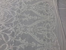 White Sequins Lace Fabric, DAMASK Design Embroidered on a Mesh 4 way Stretch Sequin By The Yard -Prom-Gown ( Choose The Size )