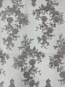 SILVER Damask Design Embroidered on Mesh Lace Fabric, Floral Bridal Lace Wedding Dress by the Yard (Pick a Size)