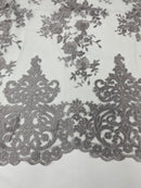 SILVER Damask Design Embroidered on Mesh Lace Fabric, Floral Bridal Lace Wedding Dress by the Yard (Pick a Size)