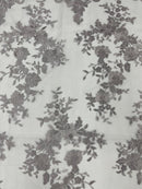 SILVER Damask Design Embroidered on Mesh Lace Fabric, Floral Bridal Lace Wedding Dress by the Yard (Pick a Size)