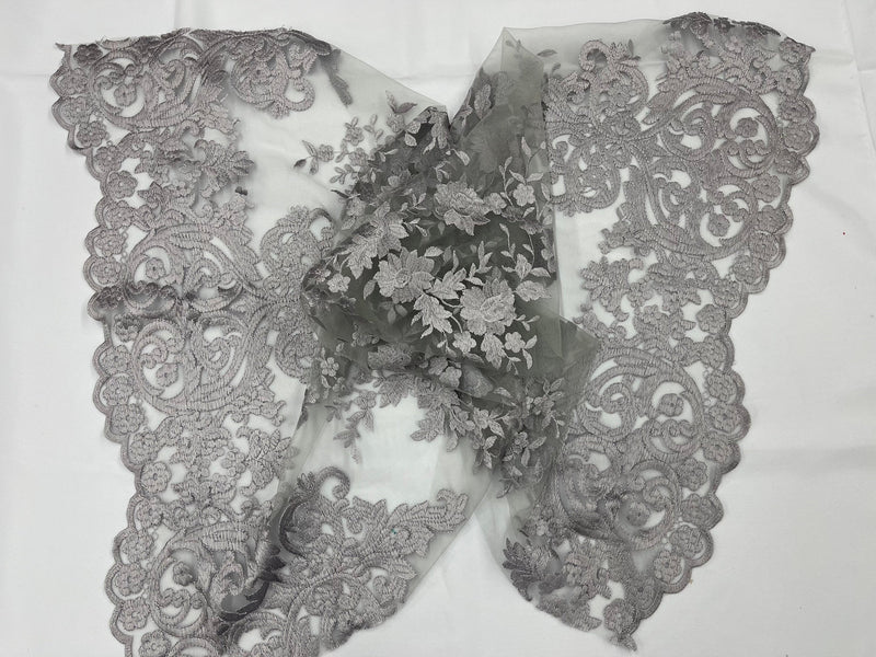 SILVER Damask Design Embroidered on Mesh Lace Fabric, Floral Bridal Lace Wedding Dress by the Yard (Pick a Size)
