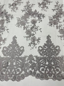 SILVER Damask Design Embroidered on Mesh Lace Fabric, Floral Bridal Lace Wedding Dress by the Yard (Pick a Size)