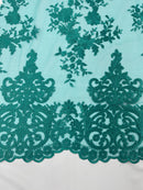 TEAL Damask Design Embroidered on Mesh Lace Fabric, Floral Bridal Lace Wedding Dress by the Yard (Pick a Size)
