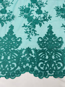TEAL Damask Design Embroidered on Mesh Lace Fabric, Floral Bridal Lace Wedding Dress by the Yard (Pick a Size)