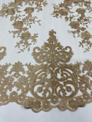 KHAKI Damask Design Embroidered on Mesh Lace Fabric, Floral Bridal Lace Wedding Dress by the Yard (Pick a Size)