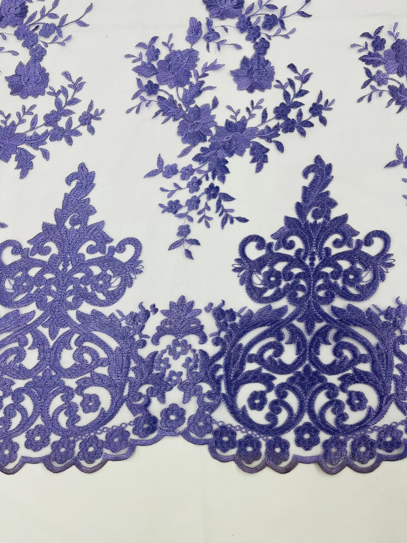 LAVENDER Damask Design Embroidered on Mesh Lace Fabric, Floral Bridal Lace Wedding Dress by the Yard (Pick a Size)