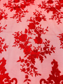 RED Damask Design Embroidered on Mesh Lace Fabric, Floral Bridal Lace Wedding Dress by the Yard (Pick a Size)