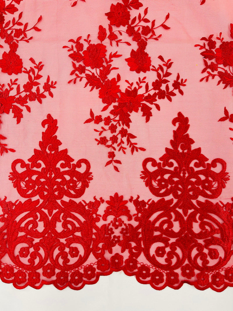 RED Damask Design Embroidered on Mesh Lace Fabric, Floral Bridal Lace Wedding Dress by the Yard (Pick a Size)