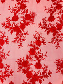 RED Damask Design Embroidered on Mesh Lace Fabric, Floral Bridal Lace Wedding Dress by the Yard (Pick a Size)