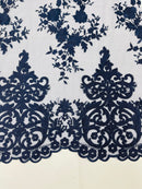 NAVY Damask Design Embroidered on Mesh Lace Fabric, Floral Bridal Lace Wedding Dress by the Yard (Pick a Size)