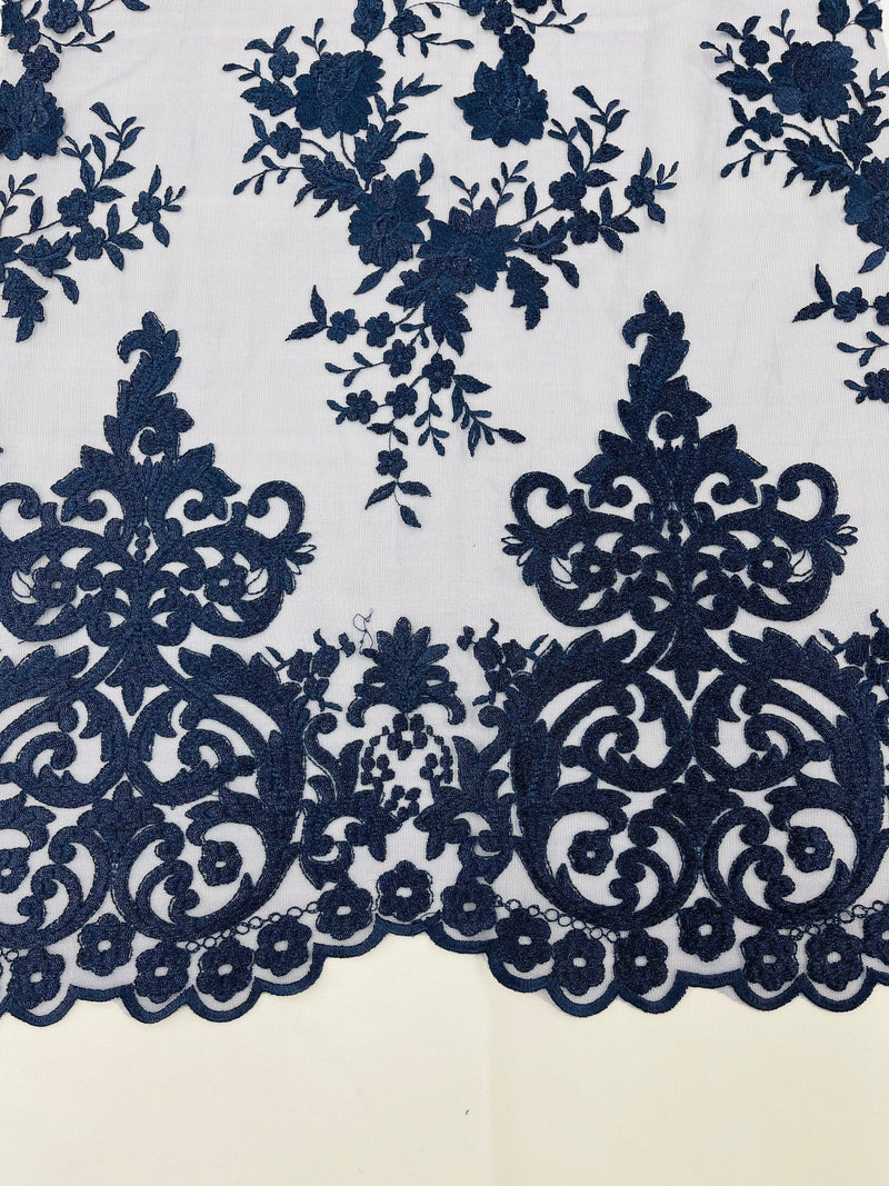 NAVY Damask Design Embroidered on Mesh Lace Fabric, Floral Bridal Lace Wedding Dress by the Yard (Pick a Size)