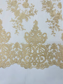 CHAMPAGNE Damask Design Embroidered on Mesh Lace Fabric, Floral Bridal Lace Wedding Dress by the Yard (Pick a Size)