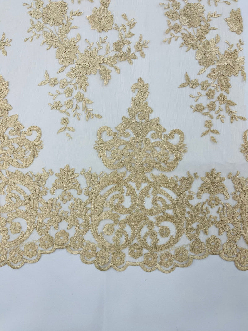 CHAMPAGNE Damask Design Embroidered on Mesh Lace Fabric, Floral Bridal Lace Wedding Dress by the Yard (Pick a Size)