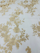 CHAMPAGNE Damask Design Embroidered on Mesh Lace Fabric, Floral Bridal Lace Wedding Dress by the Yard (Pick a Size)