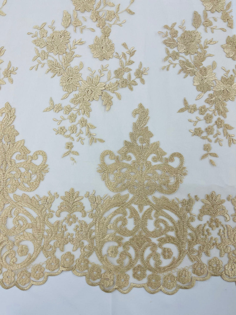CHAMPAGNE Damask Design Embroidered on Mesh Lace Fabric, Floral Bridal Lace Wedding Dress by the Yard (Pick a Size)