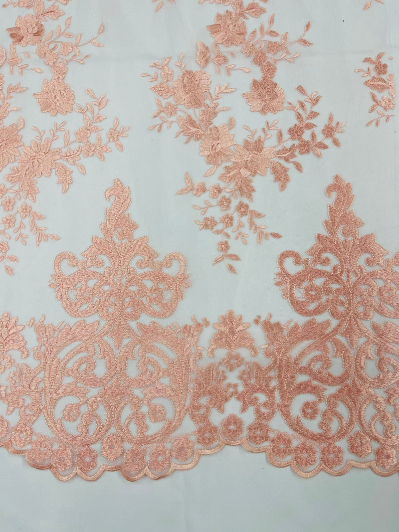 PINK Damask Design Embroidered on Mesh Lace Fabric, Floral Bridal Lace Wedding Dress by the Yard (Pick a Size)