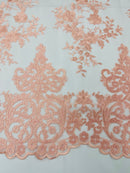 PINK Damask Design Embroidered on Mesh Lace Fabric, Floral Bridal Lace Wedding Dress by the Yard (Pick a Size)