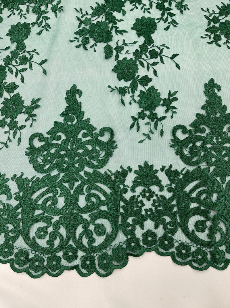 HUNTER GREEN Damask Design Embroidered on Mesh Lace Fabric, Floral Bridal Lace Wedding Dress by the Yard (Pick a Size)
