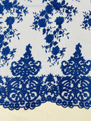 ROYAL BLUE Damask Design Embroidered on Mesh Lace Fabric, Floral Bridal Lace Wedding Dress by the Yard (Pick a Size)