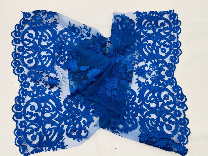 ROYAL BLUE Damask Design Embroidered on Mesh Lace Fabric, Floral Bridal Lace Wedding Dress by the Yard (Pick a Size)