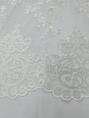 IVORY Damask Design Embroidered on Mesh Lace Fabric, Floral Bridal Lace Wedding Dress by the Yard (Pick a Size)