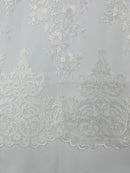 IVORY Damask Design Embroidered on Mesh Lace Fabric, Floral Bridal Lace Wedding Dress by the Yard (Pick a Size)