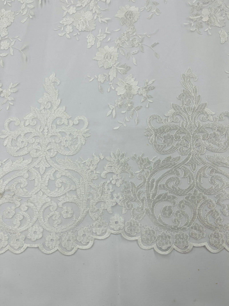 IVORY Damask Design Embroidered on Mesh Lace Fabric, Floral Bridal Lace Wedding Dress by the Yard (Pick a Size)
