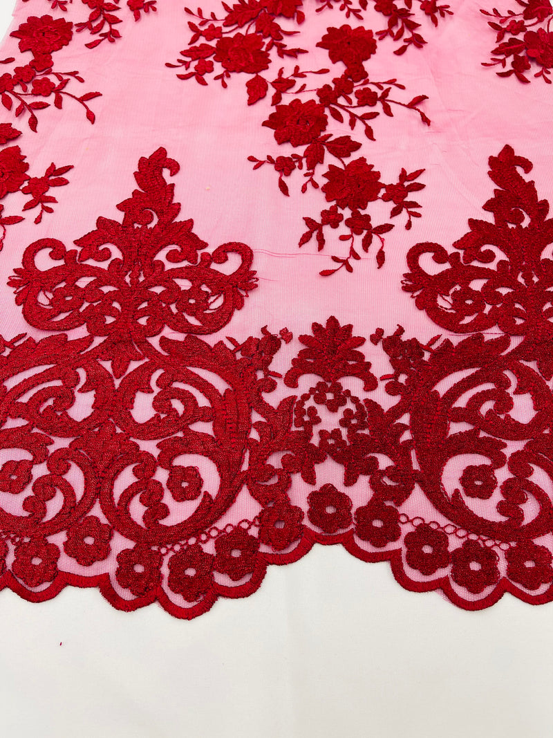 BURGUNDY Damask Design Embroidered on Mesh Lace Fabric, Floral Bridal Lace Wedding Dress by the Yard (Pick a Size)