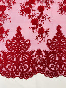 BURGUNDY Damask Design Embroidered on Mesh Lace Fabric, Floral Bridal Lace Wedding Dress by the Yard (Pick a Size)