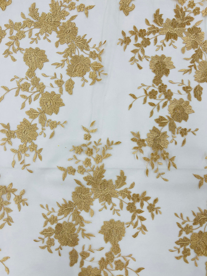 GOLD Damask Design Embroidered on Mesh Lace Fabric, Floral Bridal Lace Wedding Dress by the Yard (Pick a Size)