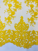 YELLOW Damask Design Embroidered on Mesh Lace Fabric, Floral Bridal Lace Wedding Dress by the Yard (Pick a Size)