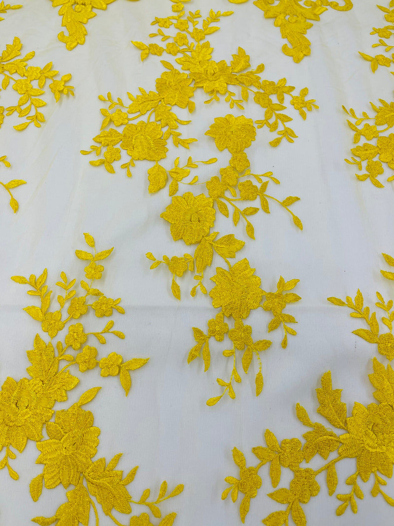 YELLOW Damask Design Embroidered on Mesh Lace Fabric, Floral Bridal Lace Wedding Dress by the Yard (Pick a Size)