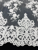 WHITE Damask Design Embroidered on Mesh Lace Fabric, Floral Bridal Lace Wedding Dress by the Yard (Pick a Size)