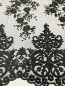 BLACK Damask Design Embroidered on Mesh Lace Fabric, Floral Bridal Lace Wedding Dress by the Yard (Pick a Size)