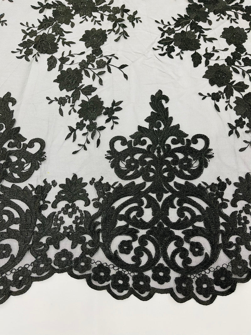 BLACK Damask Design Embroidered on Mesh Lace Fabric, Floral Bridal Lace Wedding Dress by the Yard (Pick a Size)