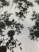 BLACK Damask Design Embroidered on Mesh Lace Fabric, Floral Bridal Lace Wedding Dress by the Yard (Pick a Size)