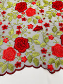 Red Floral and Leaves Embroidery on BLACK Mesh Lace Fabric , Floral Bridal Lace Wedding Dress by the Yard (Pick a Size)