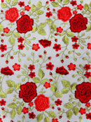 Red Floral and Leaves Embroidery on BLACK Mesh Lace Fabric , Floral Bridal Lace Wedding Dress by the Yard (Pick a Size)