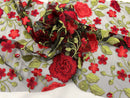Red Floral and Leaves Embroidery on BLACK Mesh Lace Fabric , Floral Bridal Lace Wedding Dress by the Yard (Pick a Size)