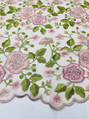 Pink Floral and Leaves Embroidery on a Mesh Lace Fabric , Floral Bridal Lace Wedding Dress by the Yard (Pick a Size)