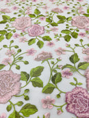 Pink Floral and Leaves Embroidery on a Mesh Lace Fabric , Floral Bridal Lace Wedding Dress by the Yard (Pick a Size)