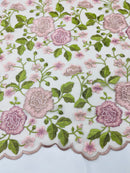 Pink Floral and Leaves Embroidery on a Mesh Lace Fabric , Floral Bridal Lace Wedding Dress by the Yard (Pick a Size)