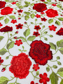 Red Floral and Leaves Embroidery on Nude Mesh Lace Fabric , Floral Bridal Lace Wedding Dress by the Yard (Pick a Size)