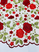 Red Floral and Leaves Embroidery on Nude Mesh Lace Fabric , Floral Bridal Lace Wedding Dress by the Yard (Pick a Size)