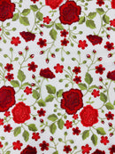 Red Floral and Leaves Embroidery on Nude Mesh Lace Fabric , Floral Bridal Lace Wedding Dress by the Yard (Pick a Size)